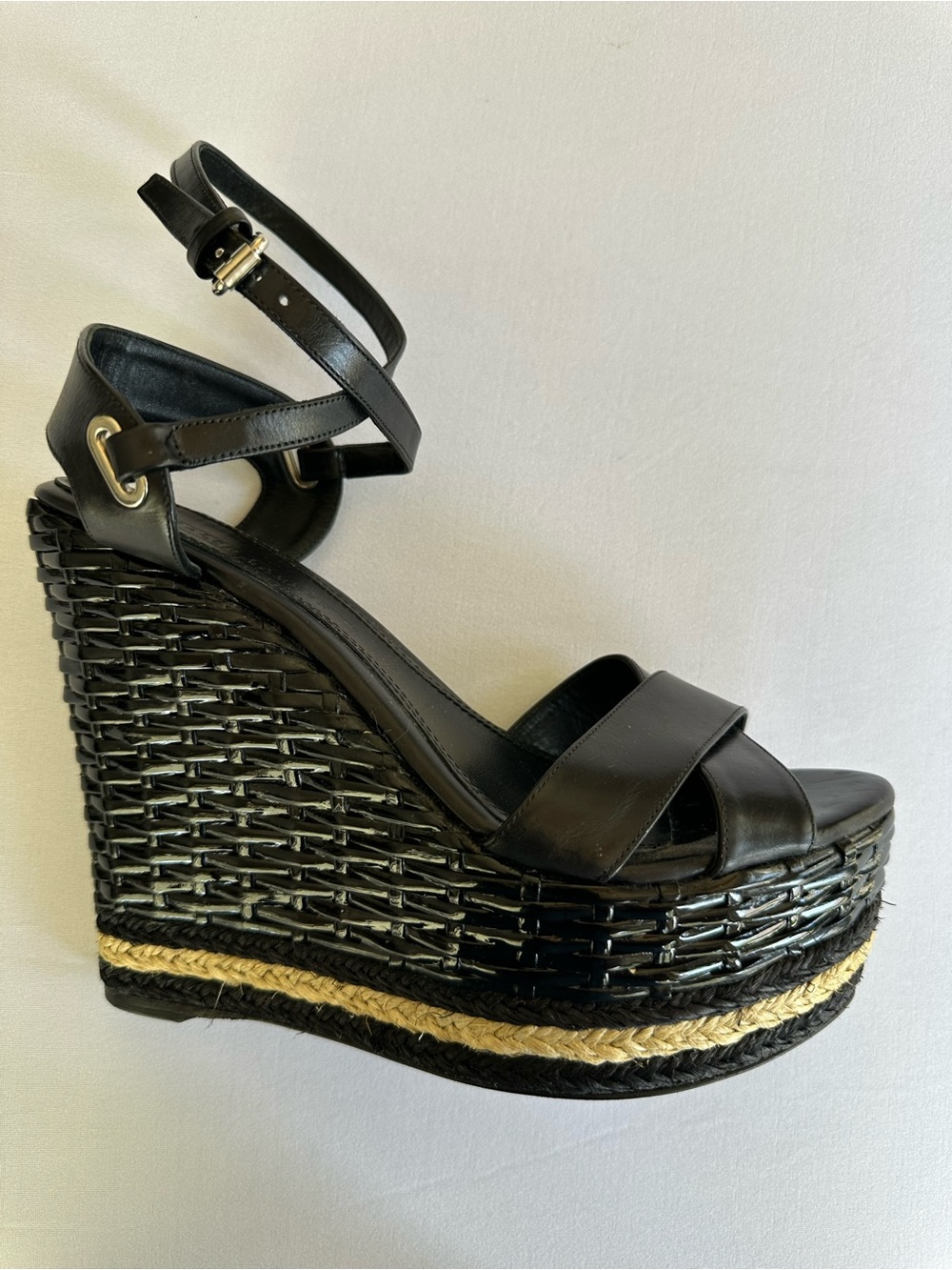 Ralph Lauren Collection Black Leather Cross-Strap Ankle-Wedge Heel Sandals Size8